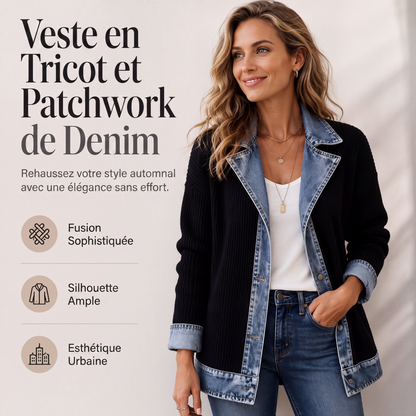 Manteau en maille côtelée élégant pour femme avec empiècements en jean
