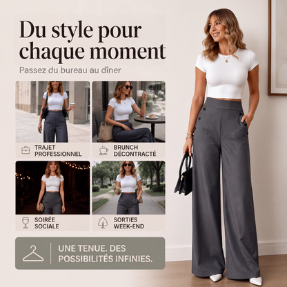 Pantalon taille haute à jambes larges pour femme avec boutons sur les côtés