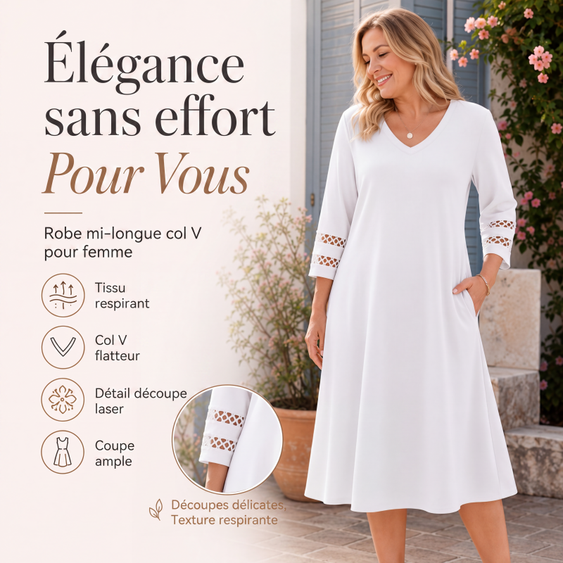 Robe mi-longue décontractée à col V pour femme
