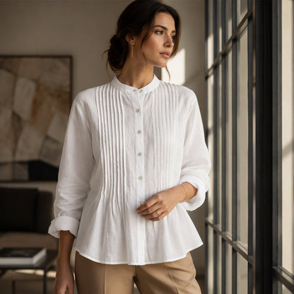 Chemise plissée décontractée à col montant pour femme
