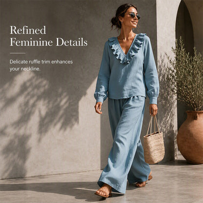 Ensemble deux pièces pour femme, style vacances, col en V : haut ample à manches longues et pantalon à jambes larges