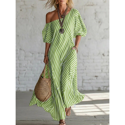 Robe longue rayée à une épaule pour femme