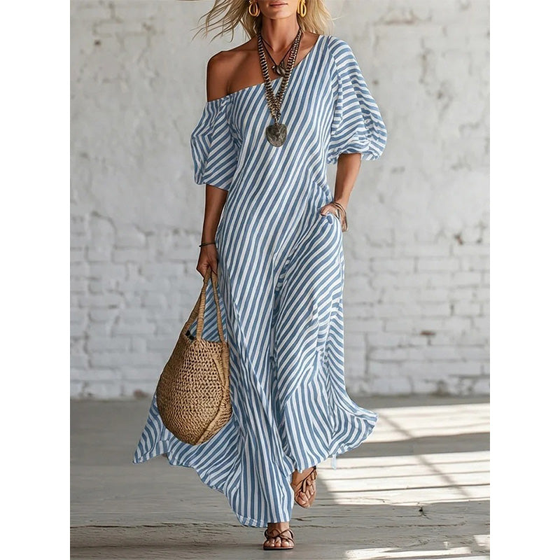 Robe longue rayée à une épaule pour femme