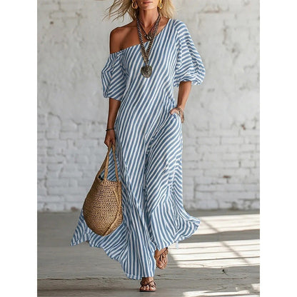 Robe longue rayée à une épaule pour femme