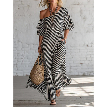 Robe longue rayée à une épaule pour femme