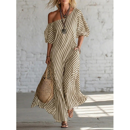 Robe longue rayée à une épaule pour femme