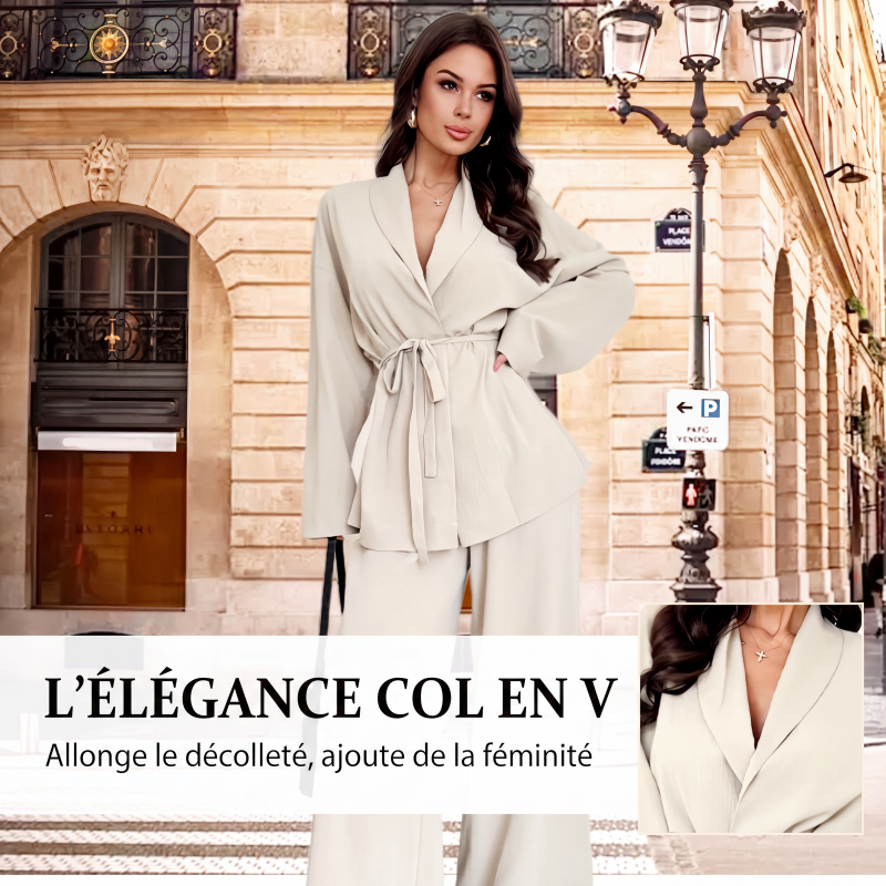 Ensemble 2 pièces pour femme : haut élégant à col V et pantalon large