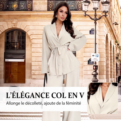 Ensemble 2 pièces pour femme : haut élégant à col V et pantalon large