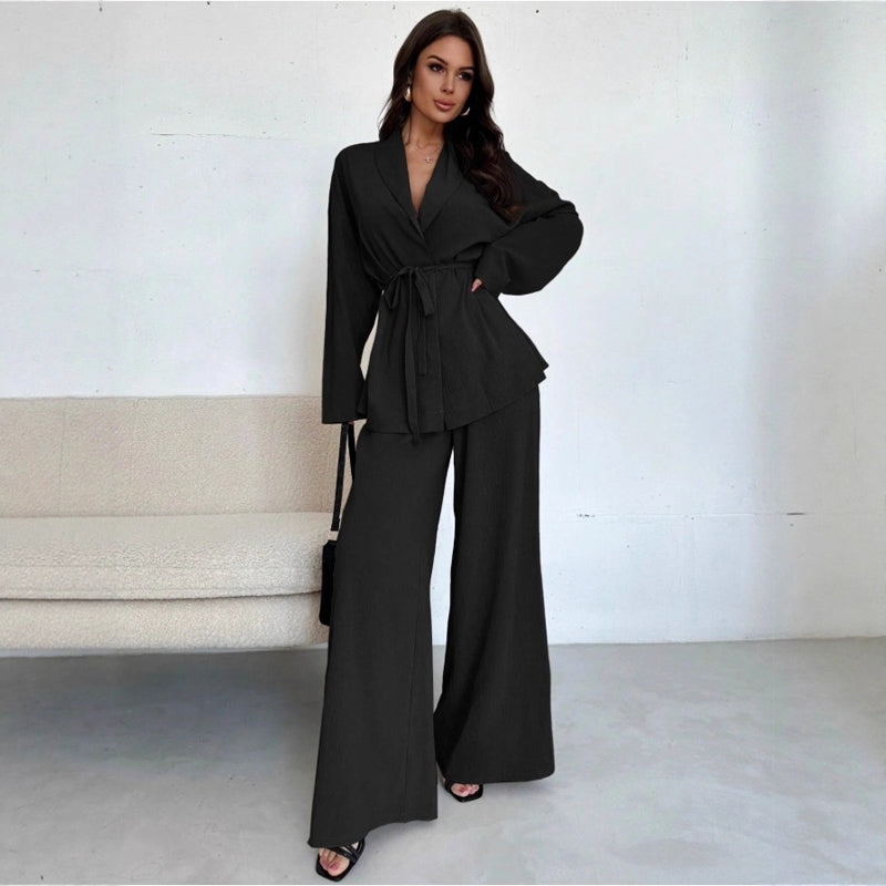 Ensemble 2 pièces pour femme : haut élégant à col V et pantalon large