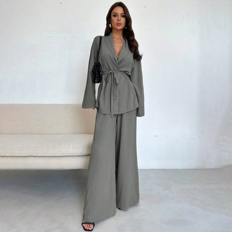 Ensemble 2 pièces pour femme : haut élégant à col V et pantalon large