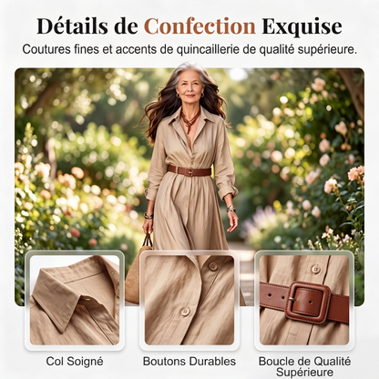 Robe longue pour femme avec chemise à manches longues et ceinture, col classique rabattu, robe longue pour vacances et séjour en resort