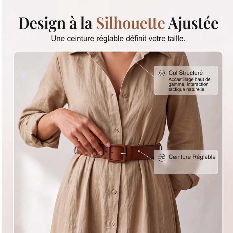 Robe longue pour femme avec chemise à manches longues et ceinture, col classique rabattu, robe longue pour vacances et séjour en resort