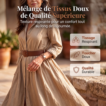 Robe longue pour femme avec chemise à manches longues et ceinture, col classique rabattu, robe longue pour vacances et séjour en resort