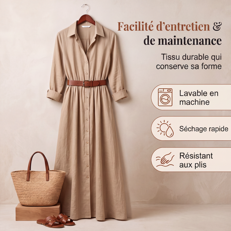 Robe longue pour femme avec chemise à manches longues et ceinture, col classique rabattu, robe longue pour vacances et séjour en resort