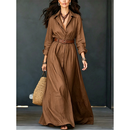 Robe longue pour femme avec chemise à manches longues et ceinture, col classique rabattu, robe longue pour vacances et séjour en resort