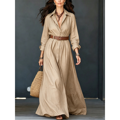 Robe longue pour femme avec chemise à manches longues et ceinture, col classique rabattu, robe longue pour vacances et séjour en resort