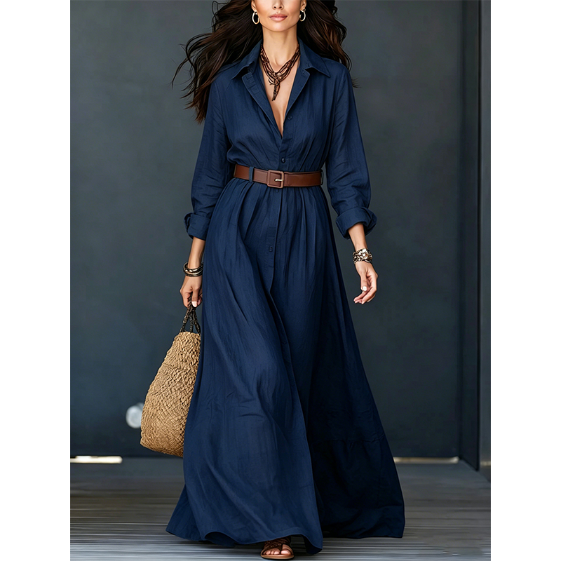 Robe longue pour femme avec chemise à manches longues et ceinture, col classique rabattu, robe longue pour vacances et séjour en resort