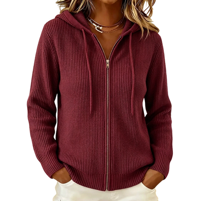 Cardigan en tricot zippé à capuche pour femme