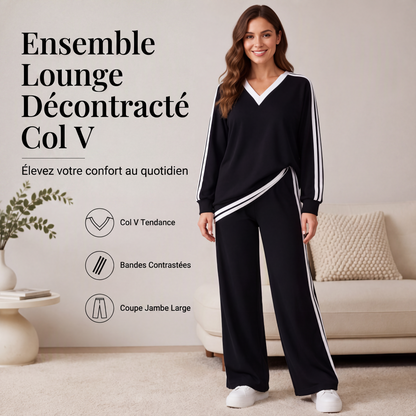 Ensemble décontracté deux pièces pour femme : haut à col V et manches longues avec pantalon rayé à jambes larges
