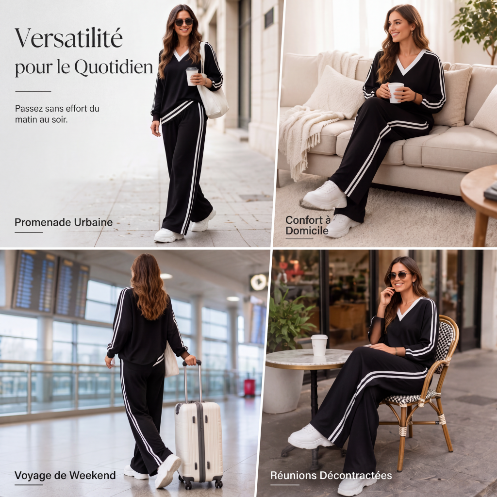 Ensemble décontracté deux pièces pour femme : haut à col V et manches longues avec pantalon rayé à jambes larges