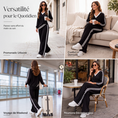 Ensemble décontracté deux pièces pour femme : haut à col V et manches longues avec pantalon rayé à jambes larges