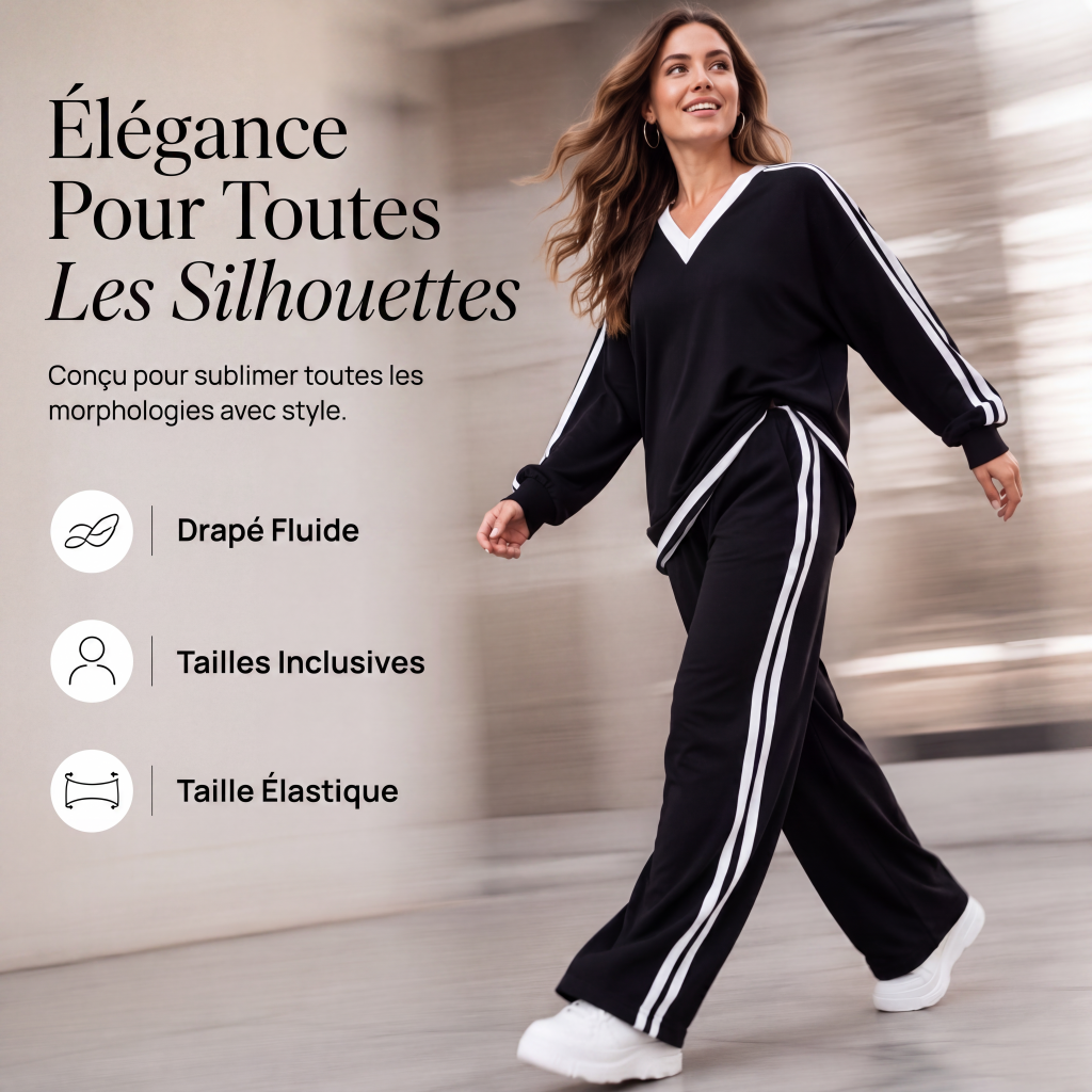 Ensemble décontracté deux pièces pour femme : haut à col V et manches longues avec pantalon rayé à jambes larges
