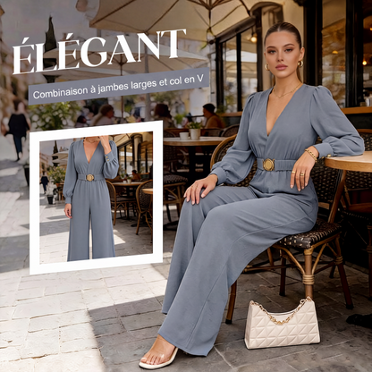 Combinaison pantalon élégante à col V et jambes larges avec ceinture
