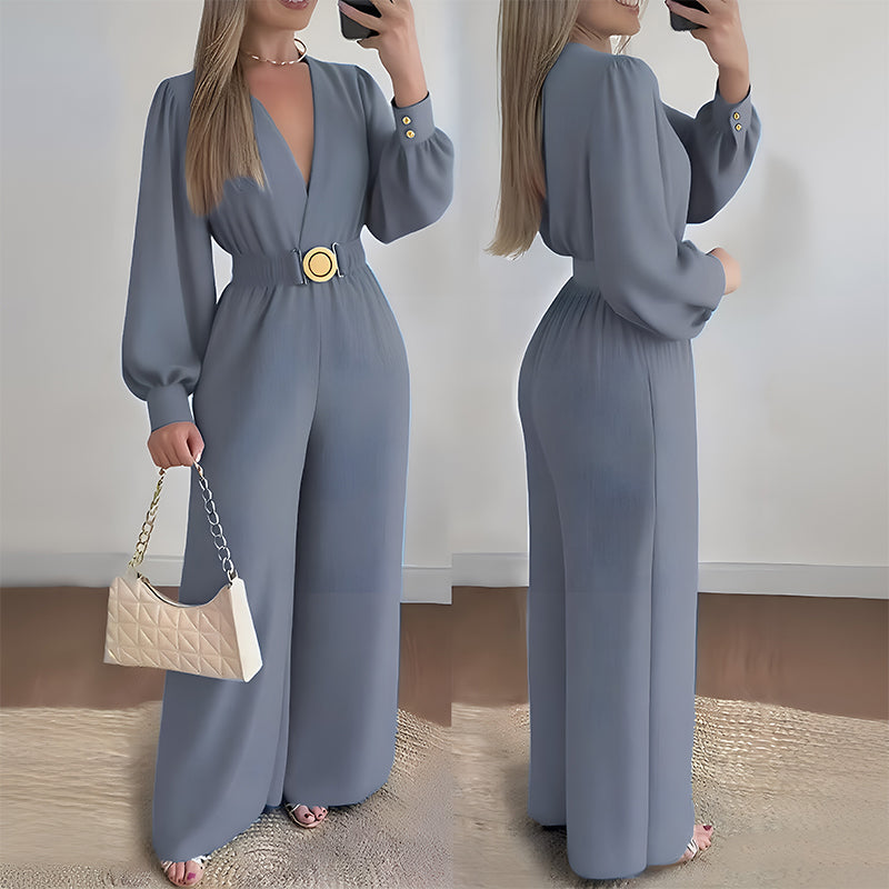Combinaison pantalon élégante à col V et jambes larges avec ceinture