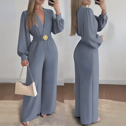 Combinaison pantalon élégante à col V et jambes larges avec ceinture