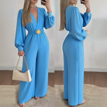 Combinaison pantalon élégante à col V et jambes larges avec ceinture