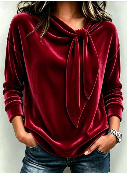 Haut d'automne pour femme en velours à col noué nœud et manches longues