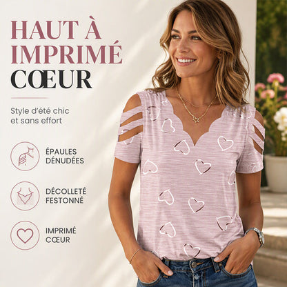 Top femme à col V festonné imprimé cœur à manches courtes