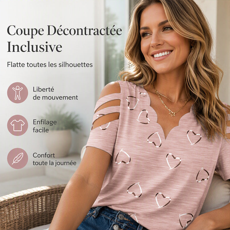 Top femme à col V festonné imprimé cœur à manches courtes