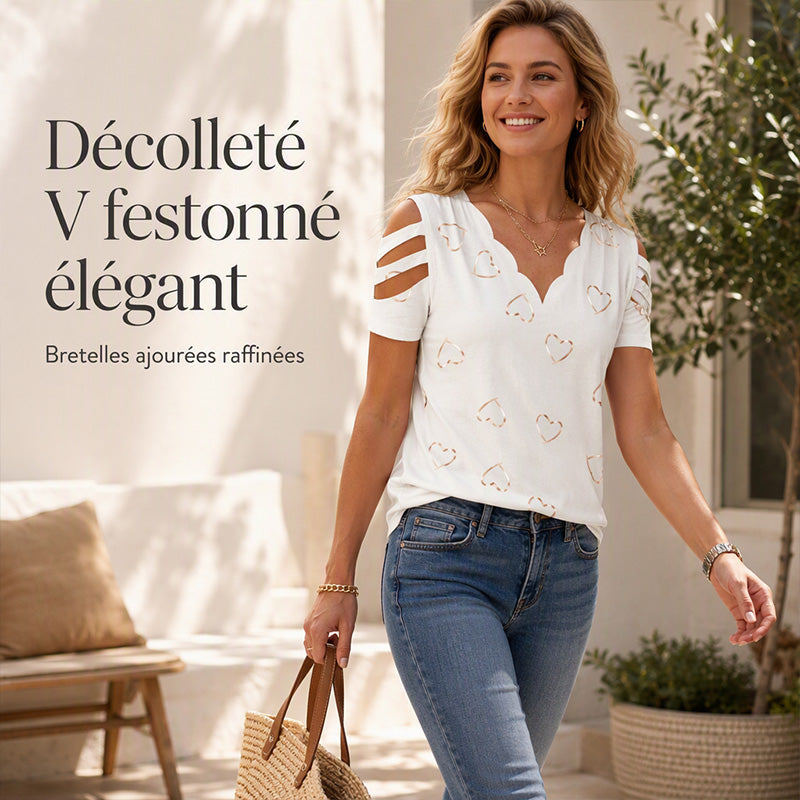Top femme à col V festonné imprimé cœur à manches courtes