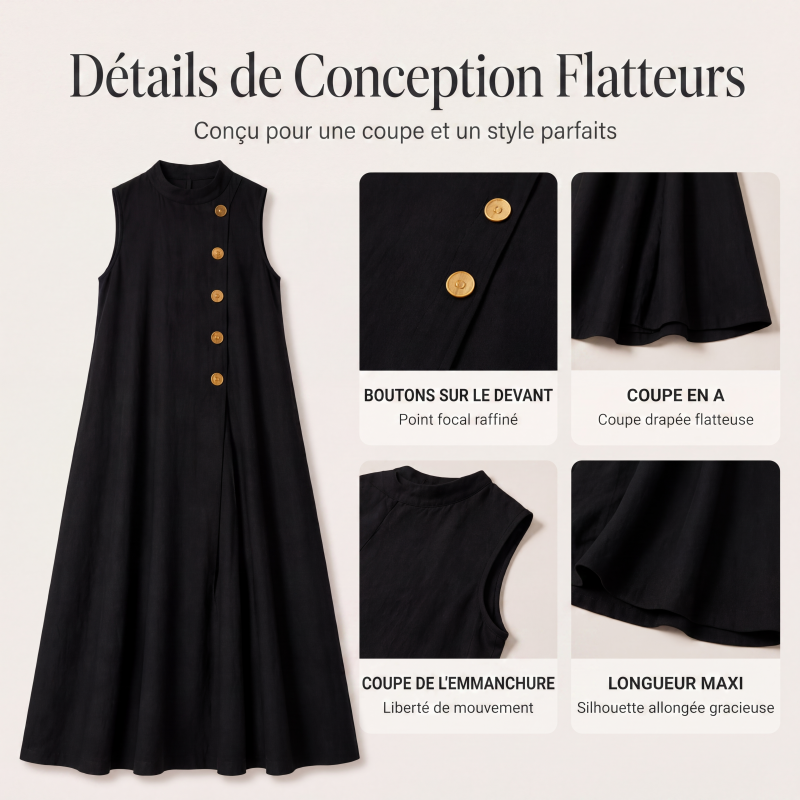 Robe longue chic sans manches à boutons pour femme