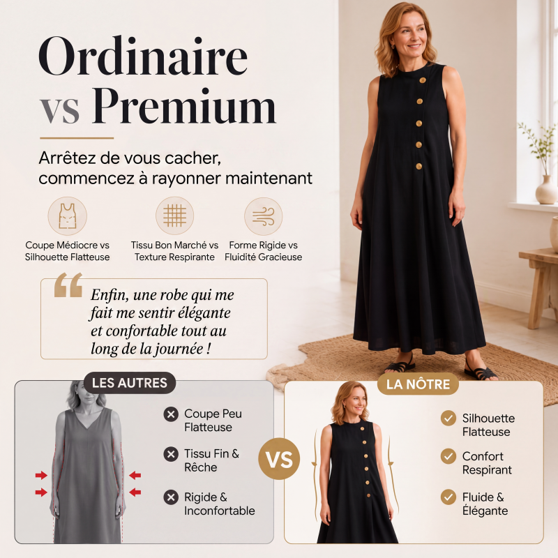Robe longue chic sans manches à boutons pour femme