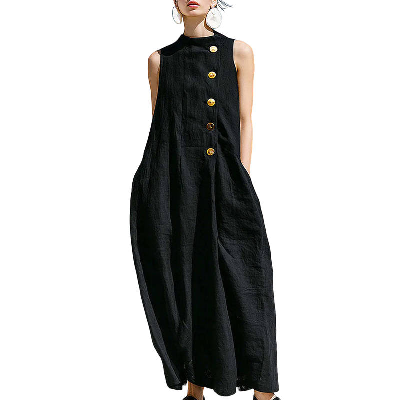 Robe longue chic sans manches à boutons pour femme