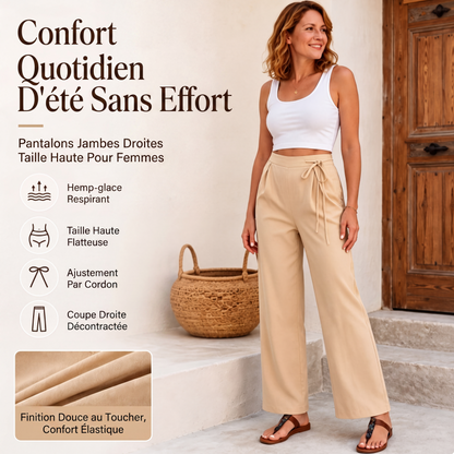 Pantalon droit taille haute avec cordon de serrage pour femme
