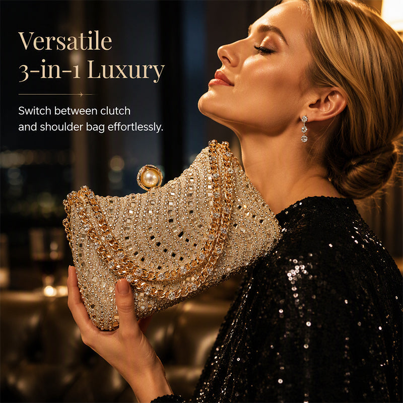💎 50% DE RÉDUCTION! 👗 Pochette de Soirée Élégante – Fermoir perle, strass haute densité & chaîne amovible – 3-en-1 main/épaule pour mariages et galas ✨