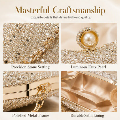 💎 50% DE RÉDUCTION! 👗 Pochette de Soirée Élégante – Fermoir perle, strass haute densité & chaîne amovible – 3-en-1 main/épaule pour mariages et galas ✨
