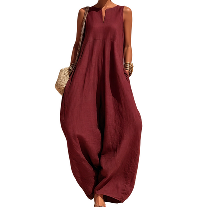 📢📢-50% ! 🍃 Combinaison Femme Sans Manches Col V Jambe Large avec Poches🤍✨