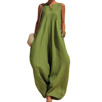 📢📢-50% ! 🍃 Combinaison Femme Sans Manches Col V Jambe Large avec Poches🤍✨