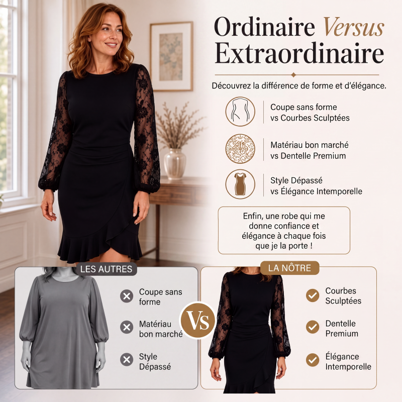 Robe moulante froncée pour femme à manches bouffantes en dentelle