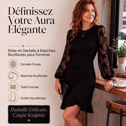 Robe moulante froncée pour femme à manches bouffantes en dentelle