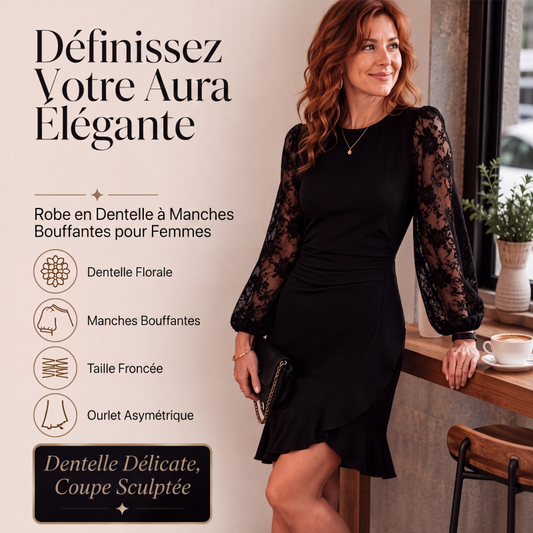 Robe moulante froncée pour femme à manches bouffantes en dentelle