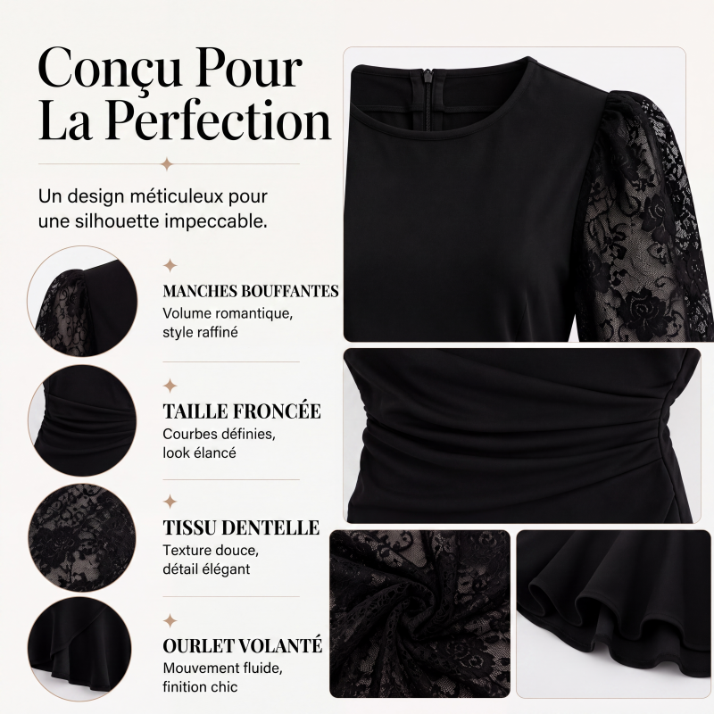 Robe moulante froncée pour femme à manches bouffantes en dentelle
