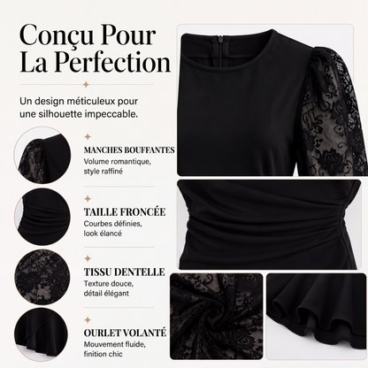 Robe moulante froncée pour femme à manches bouffantes en dentelle