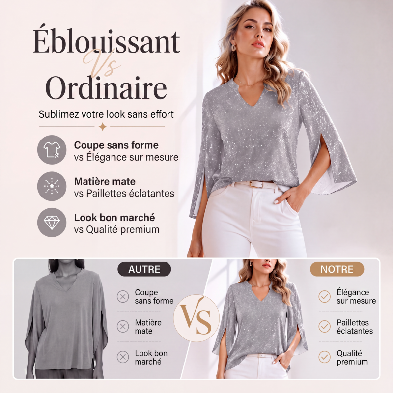 Haut féminin scintillant à manches trompette fendues