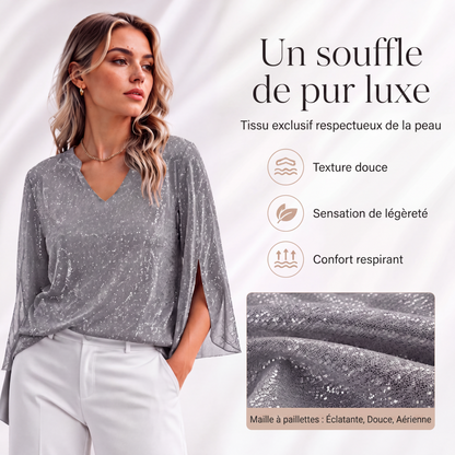 Haut féminin scintillant à manches trompette fendues