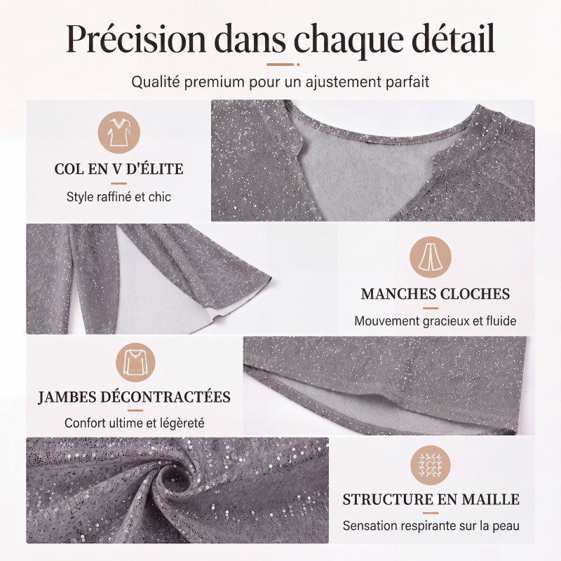Haut féminin scintillant à manches trompette fendues